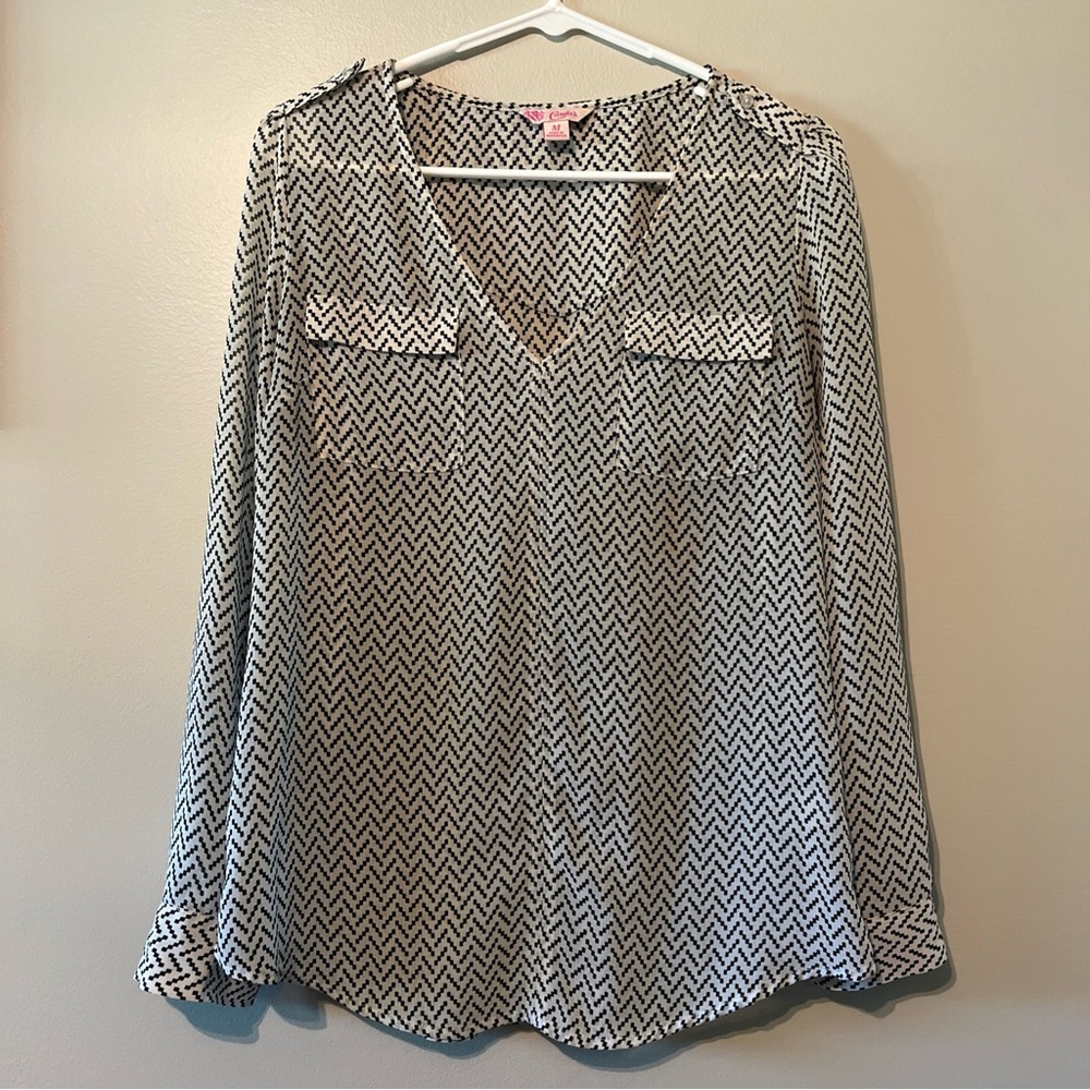 Women’s Candies Medium Black White Geometric Semi Sheer Long Sleeve Blouse
